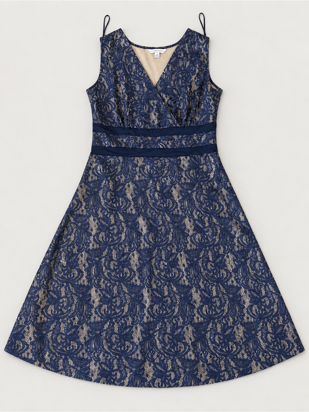 Aa Studio Navy Lace Midi Dress with Contrast Waistband